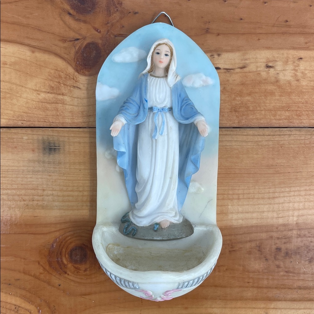 Vintage Ceramic Florentine Virgin Mary Holy Water Font Wall Plaque Madonna 7x3